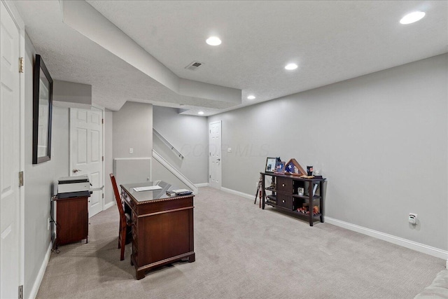 office area with baseboards, recessed lighting, visible vents, and carpet floors