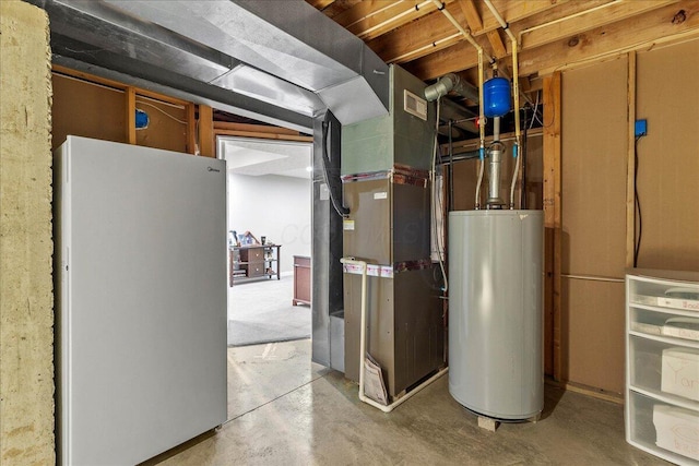 utilities with heating unit, water heater, and visible vents