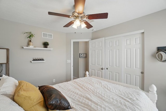bedroom with visible vents, a closet, and ceiling fan
