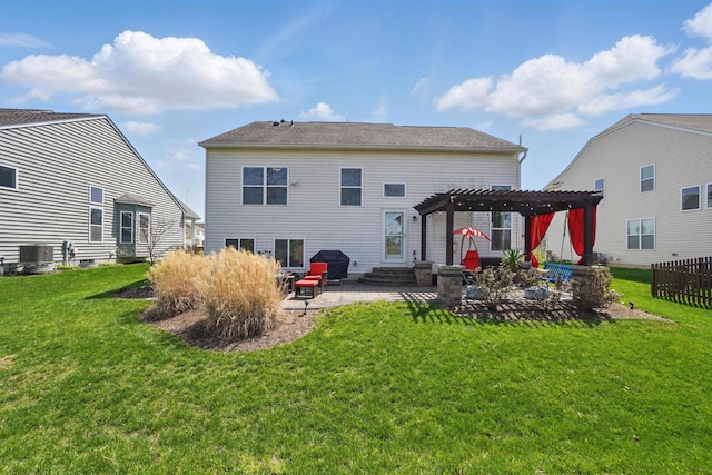 back of property with a pergola, a yard, a patio area, and cooling unit