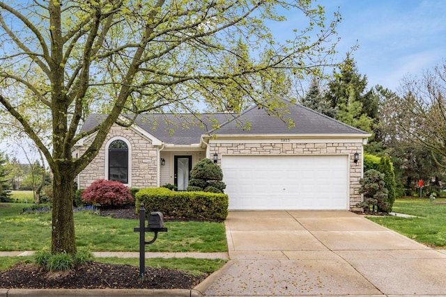 ranch-style home featuring stone siding, driveway, roof with shingles, a front lawn, and an attached garage