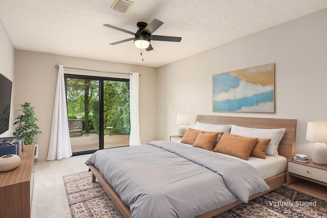 bedroom featuring ceiling fan, access to exterior, visible vents, baseboards, and light colored carpet