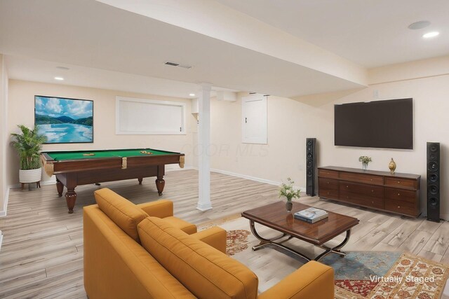 playroom with visible vents, recessed lighting, pool table, baseboards, and light wood-type flooring