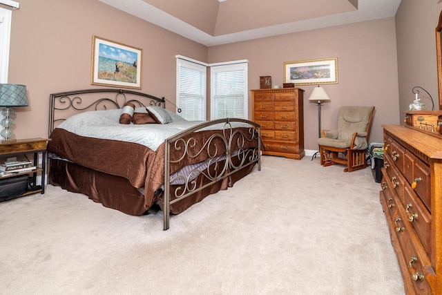 bedroom featuring light colored carpet and a tray ceiling
