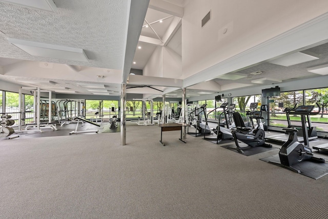 6709 Axtel Dr Unit 5A, Canal Winchester, OH 43110 - workout area featuring recessed lighting, carpet flooring, visible vents, and a high ceiling