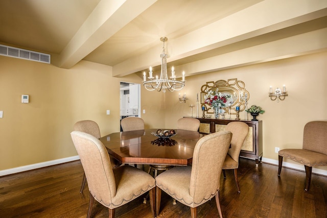 dining space featuring visible vents, an inviting chandelier, dark wood-type flooring, and beamed ceiling