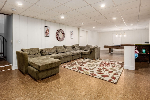 living room featuring recessed lighting, a drop ceiling, and billiards