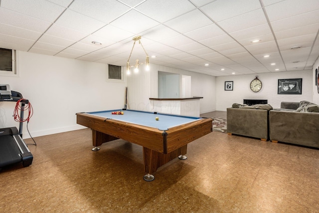 recreation room with baseboards, a drop ceiling, tile patterned floors, and pool table