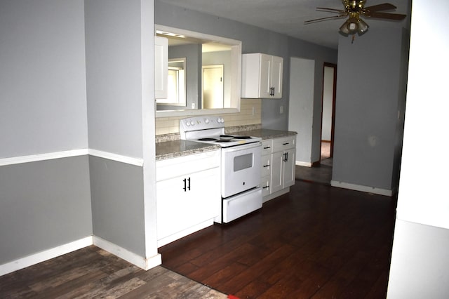 kitchen featuring dark wood finished floors, ceiling fan, electric range, backsplash, and white cabinetry