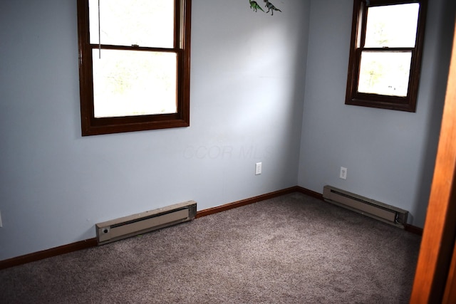 empty room with baseboard heating, carpet floors, and baseboards