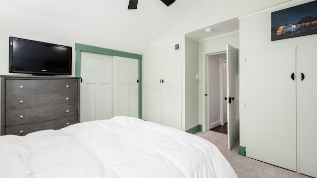 231 N Granger St, Granville, OH 43023 - carpeted bedroom featuring vaulted ceiling, baseboards, a ceiling fan, a closet, and ornamental molding