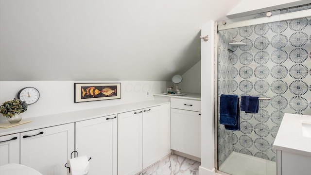 231 N Granger St, Granville, OH 43023 - full bath featuring a shower stall, marble finish floor, lofted ceiling, and vanity