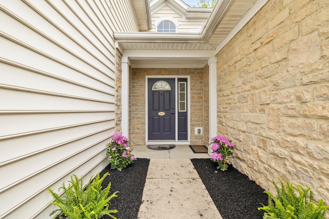 property entrance featuring stone siding