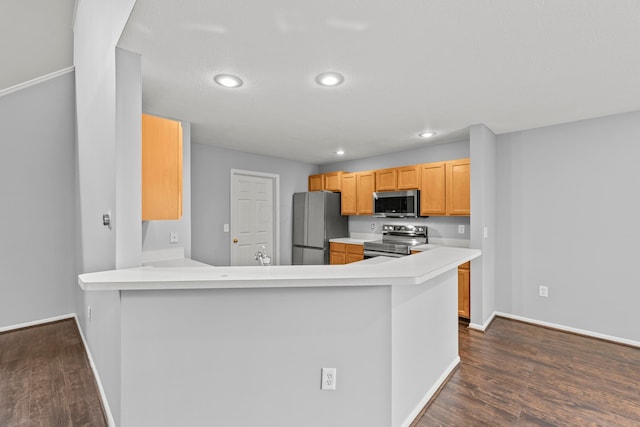 kitchen with appliances with stainless steel finishes, dark wood finished floors, light countertops, baseboards, and recessed lighting