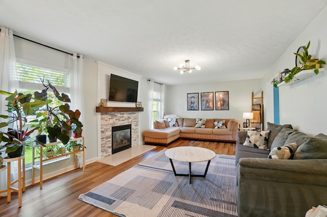 living room featuring a textured ceiling, a notable chandelier, a wealth of natural light, and wood finished floors