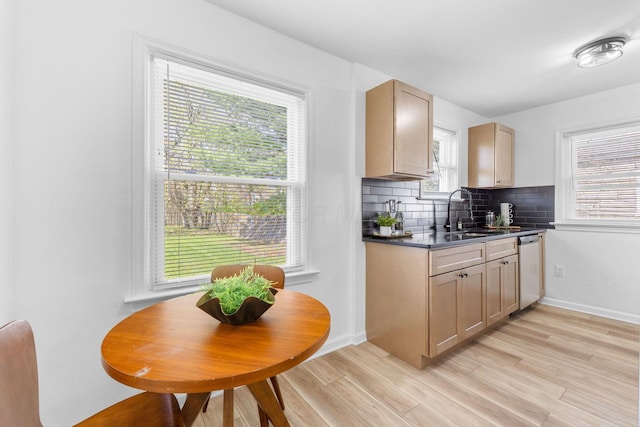 kitchen with stainless steel dishwasher, light wood-style flooring, a sink, tasteful backsplash, and dark countertops