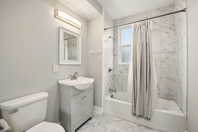 full bathroom featuring shower / tub combo, marble finish floor, vanity, and toilet