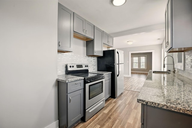 kitchen featuring light wood finished floors, stainless steel appliances, a sink, decorative backsplash, and gray cabinets
