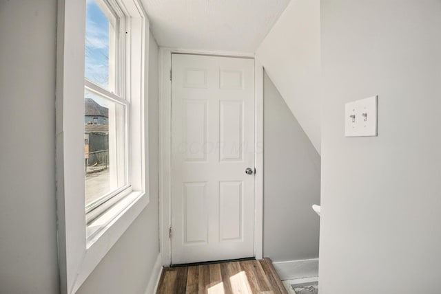 entryway featuring vaulted ceiling, baseboards, and wood finished floors