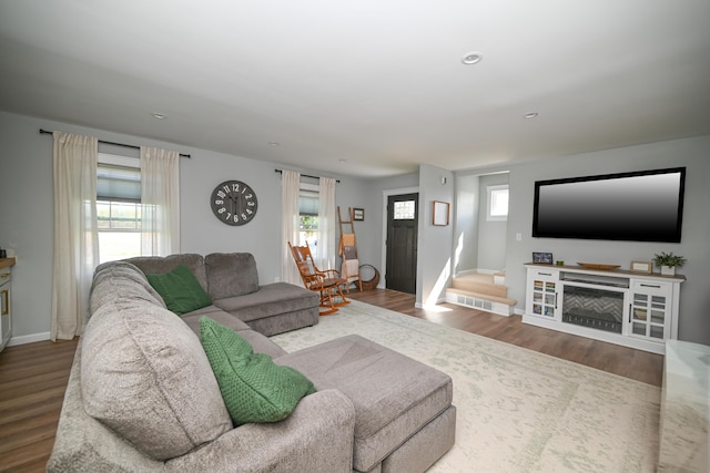 living area with baseboards, recessed lighting, wood finished floors, and a fireplace