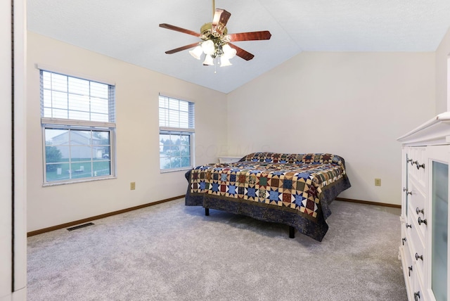 1616 Saddlebrook Dr, Heath, OH 43056 - carpeted bedroom with a ceiling fan, baseboards, visible vents, and lofted ceiling