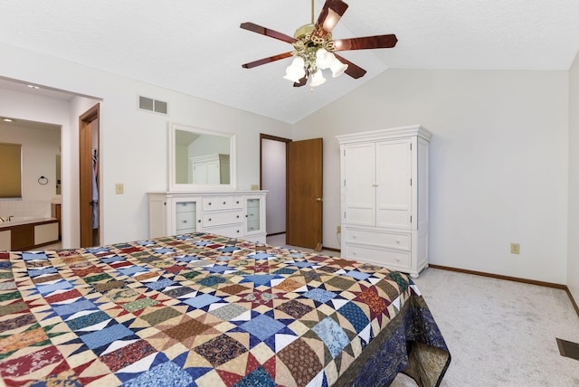 1616 Saddlebrook Dr, Heath, OH 43056 - bedroom featuring light carpet, a ceiling fan, baseboards, vaulted ceiling, and visible vents