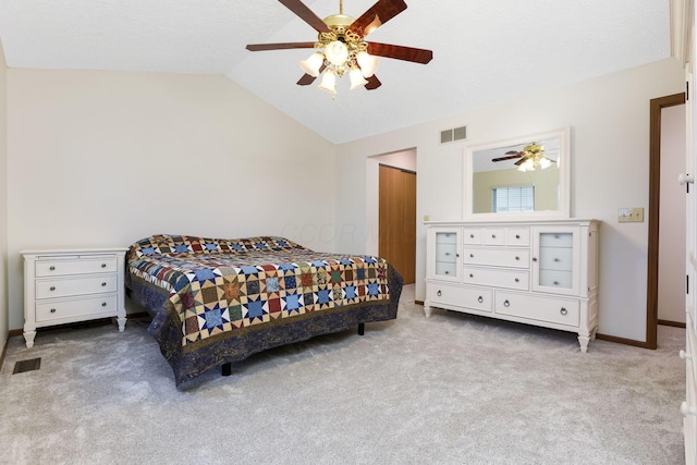 1616 Saddlebrook Dr, Heath, OH 43056 - carpeted bedroom featuring ceiling fan, visible vents, baseboards, and lofted ceiling
