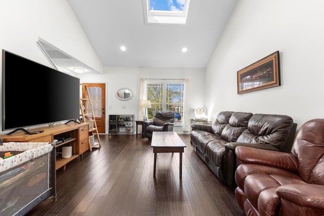 living area featuring recessed lighting, a skylight, high vaulted ceiling, and dark wood-style floors