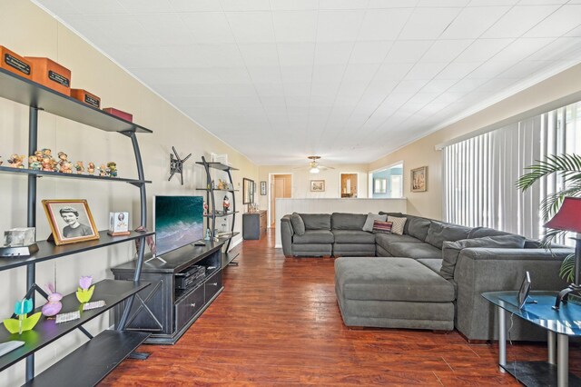 8870 College St, Lakeview, OH 43331 - living area featuring a ceiling fan, ornamental molding, and wood finished floors