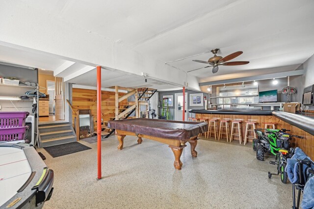8870 College St, Lakeview, OH 43331 - game room featuring billiards, bar area, speckled floor, and ceiling fan