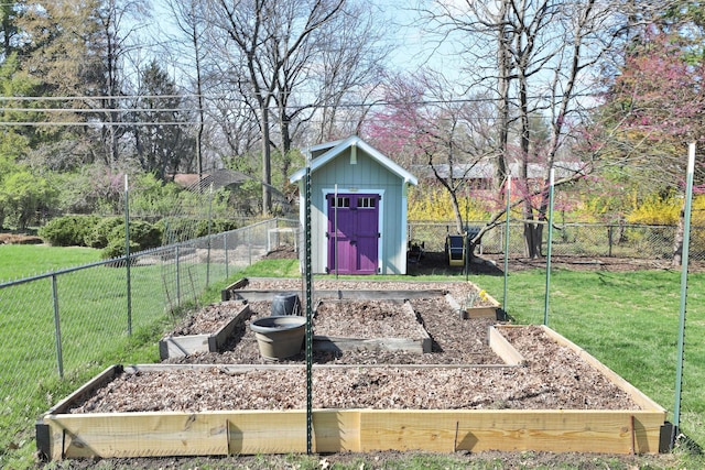 view of shed with a garden and a fenced backyard