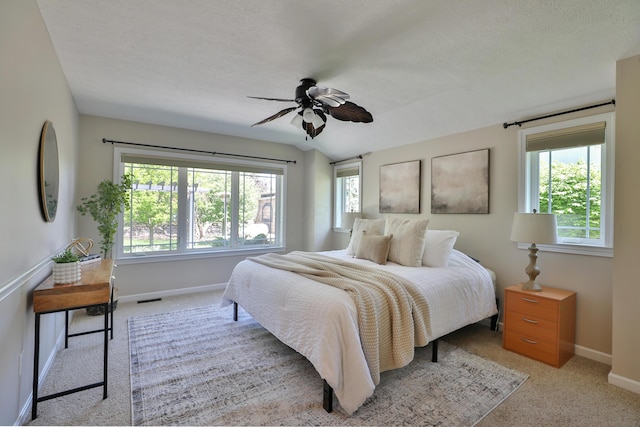 carpeted bedroom with baseboards, a ceiling fan, visible vents, and multiple windows