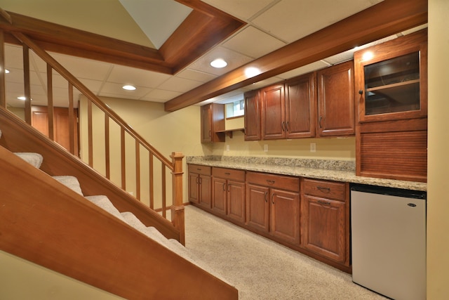 bar with light carpet, stairs, recessed lighting, a drop ceiling, and refrigerator
