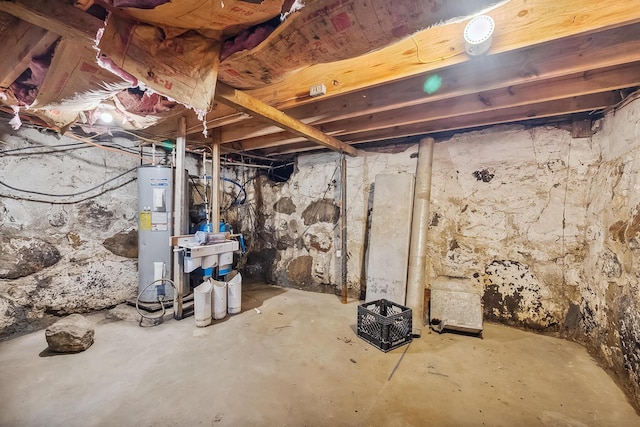 unfinished basement with electric water heater