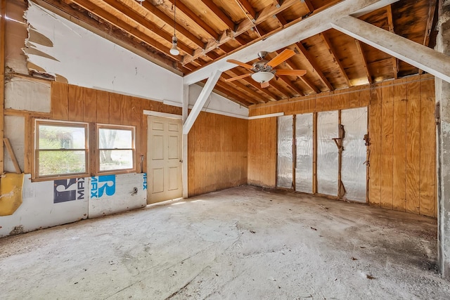 misc room with ceiling fan and lofted ceiling