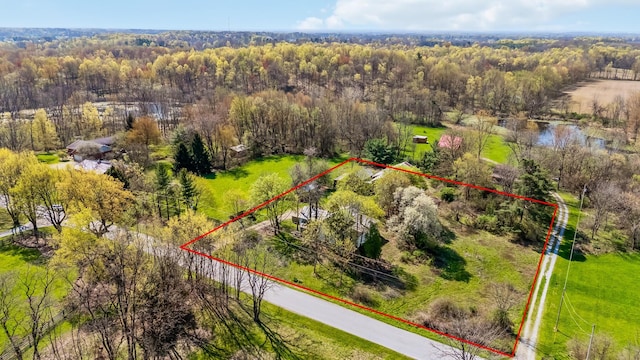 bird's eye view featuring a wooded view
