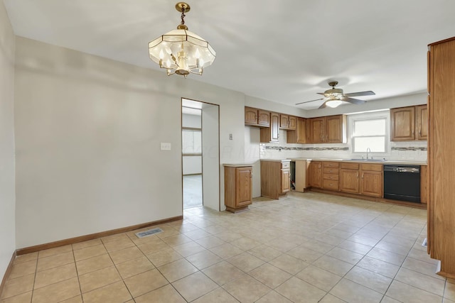 3907 Condit Rd, Sunbury, OH 43074 - kitchen featuring dishwasher, brown cabinetry, decorative backsplash, and a sink