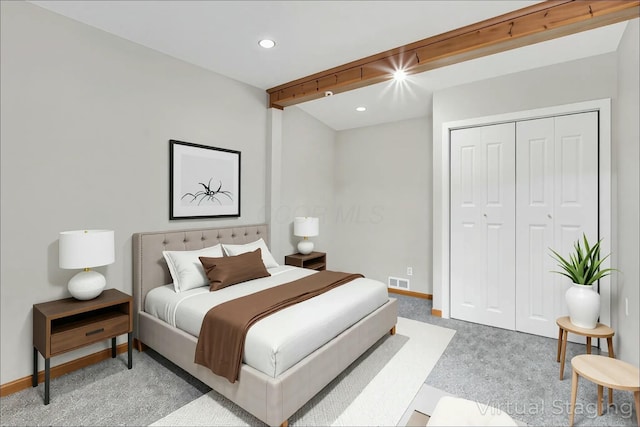 3907 Condit Rd, Sunbury, OH 43074 - bedroom featuring a closet, light colored carpet, baseboards, visible vents, and recessed lighting