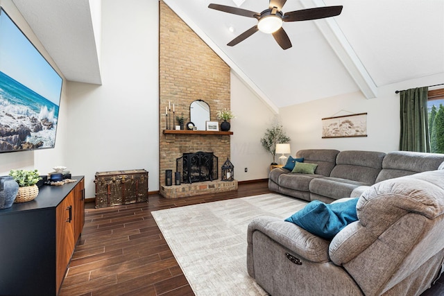 living area with dark wood-type flooring, a ceiling fan, beam ceiling, high vaulted ceiling, and baseboards