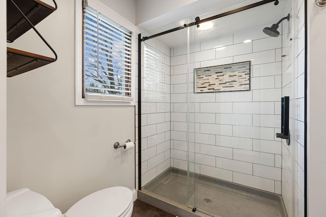 bathroom with toilet and a shower stall