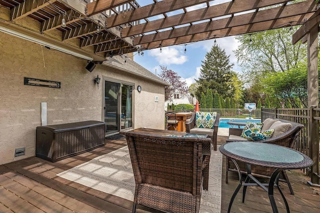 wooden terrace with a pergola and fence