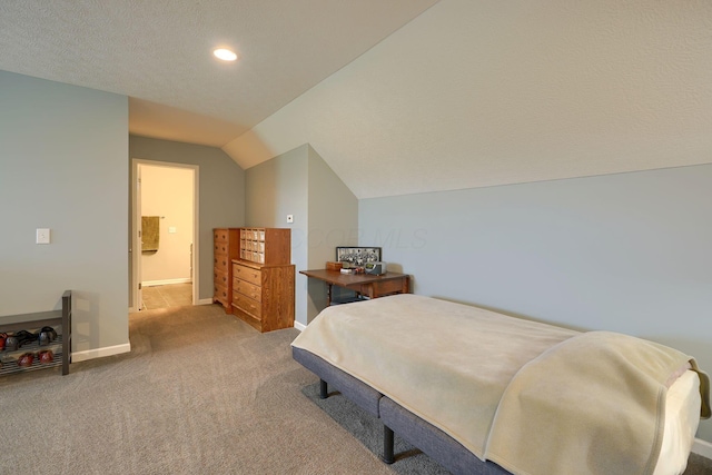 bedroom featuring carpet flooring, recessed lighting, baseboards, and vaulted ceiling