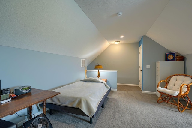 carpeted bedroom with visible vents, baseboards, and lofted ceiling
