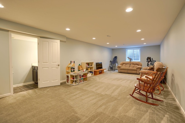 interior space with baseboards, carpet, and recessed lighting