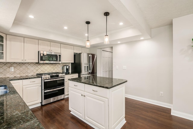 kitchen with dark wood-style floors, backsplash, baseboards, glass insert cabinets, and appliances with stainless steel finishes