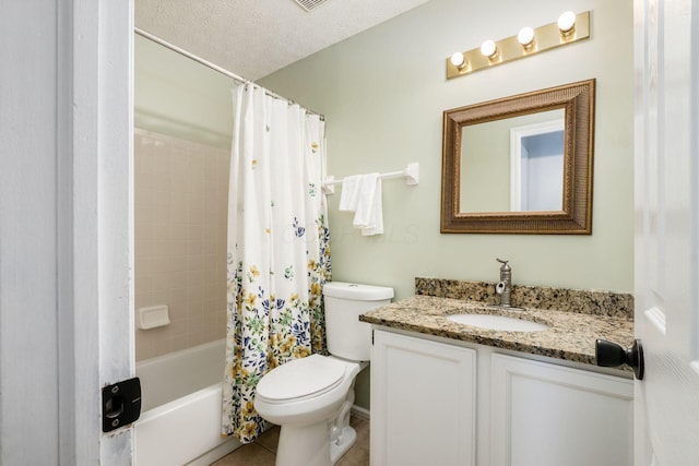 bathroom featuring a textured ceiling, toilet, tile patterned flooring, shower / bathtub combination with curtain, and vanity
