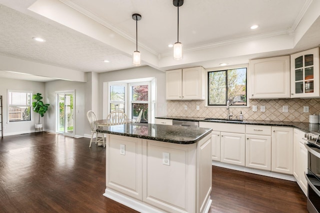 kitchen with a tray ceiling, a sink, backsplash, and dark wood-style flooring