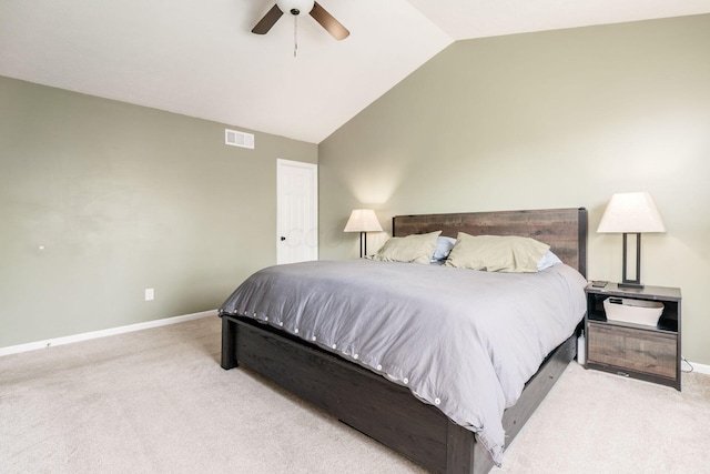 bedroom with carpet floors, visible vents, lofted ceiling, and baseboards