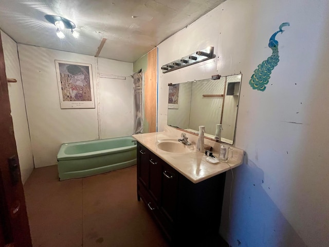 bathroom featuring shower / bath combination with curtain and vanity