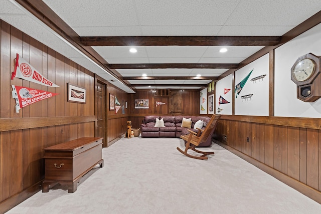 4318 Lyon Dr, Upper Arlington, OH 43220 - living area featuring wood walls, carpet floors, beamed ceiling, and recessed lighting